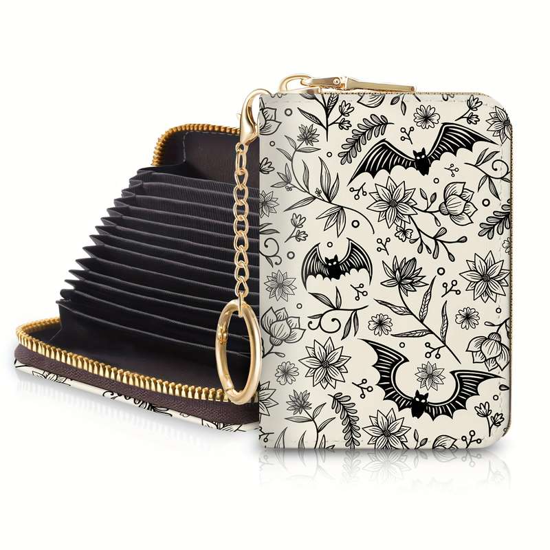 1pc Gothic Bat Zipper Wallet for Women Compact RFID Blocking Card Holder with Keychain Floral