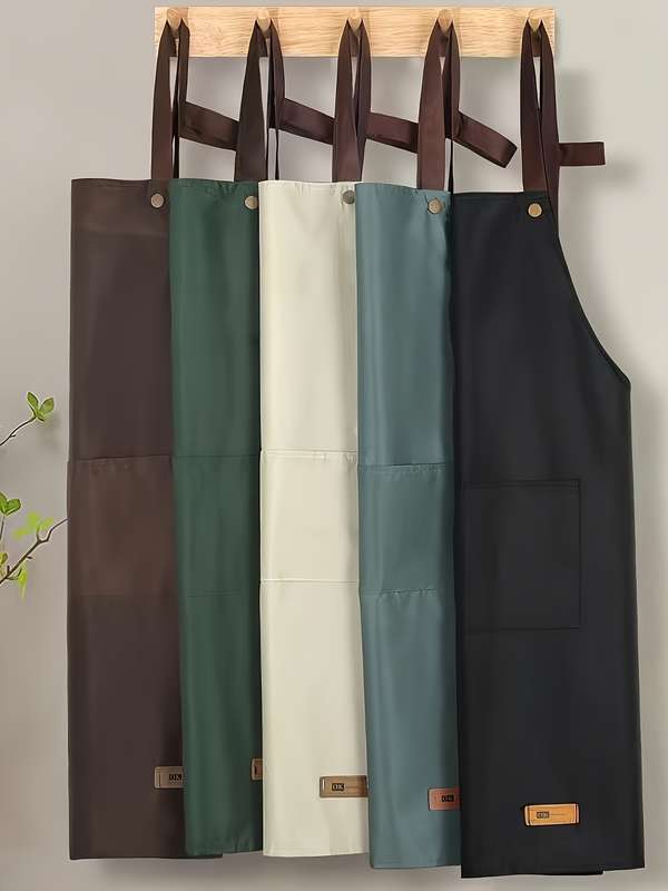 1pc Vintage Style Unisex Waterproof Oil-Proof Kitchen Apron with Wipe Pocket Solid Color PVC