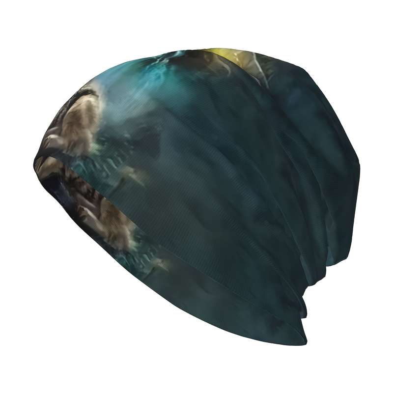 1pc Wolf Print Brimless Skull Cap Polyester Spandex Blend Funky Style Soft Knit Fabric wit