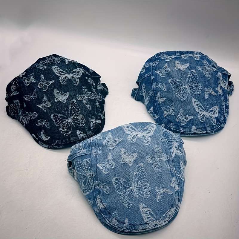1pc Vintage Butterfly Denim Beret for Women Adjustable Sun-Protective Fashion Cap with Tie-Dye D