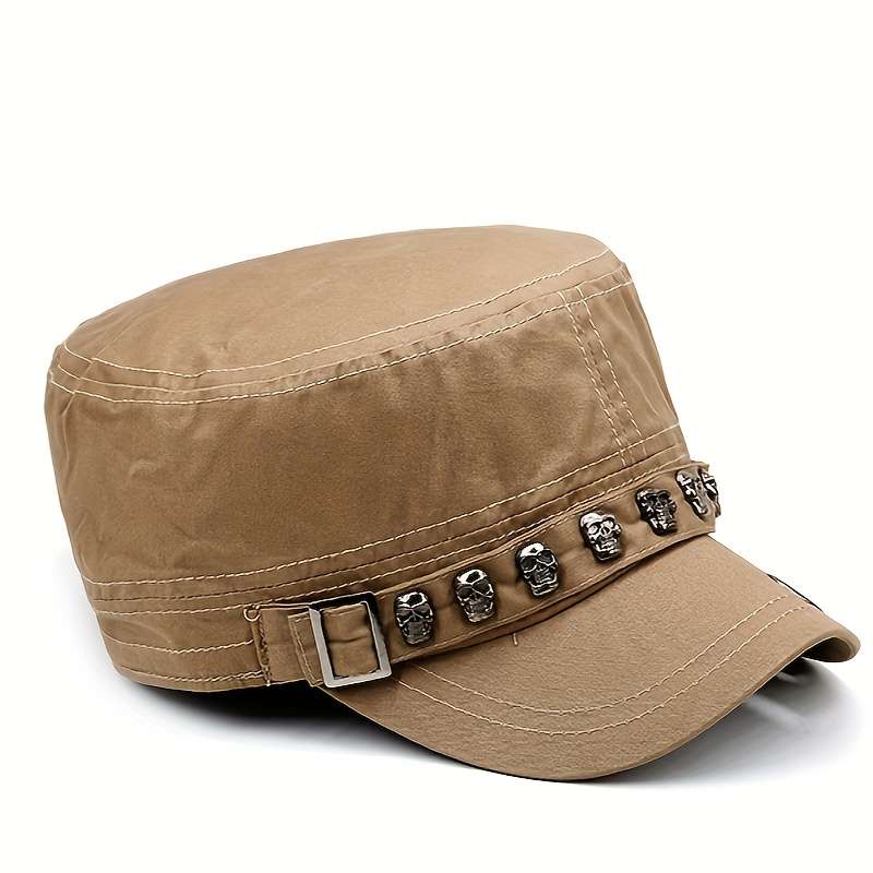 1pc Vintage Skull Rivet Flat Top Hat Lightweight Stretchable Cotton Sun Cap for Independence Day