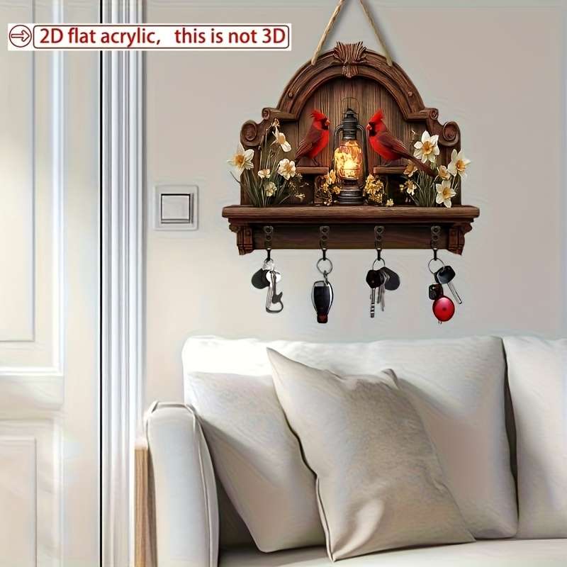 A Piece Featuring a Cardinal a Simple Colorful Wooden And Home Key Hook with Four Metal Hooks (30.0