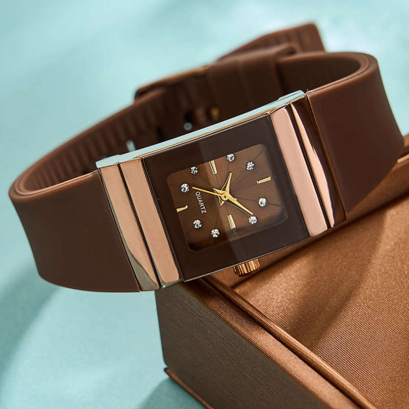 1pc Simple Style Women's Square Quartz Wrist Watch with Silicone Band and Zinc Alloy Case Non- Butto