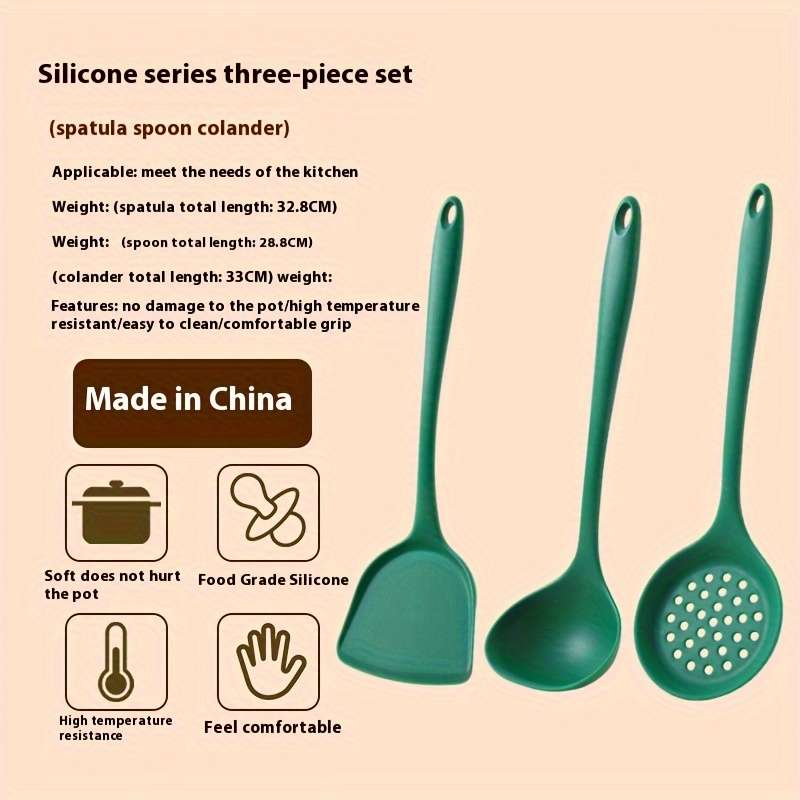 3pcs dark green silicone kitchenware set silicone spatula spoon slotted spoon heat resista