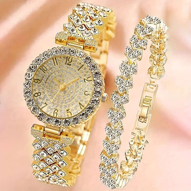 2pcs set Elegant Rhinestone Watch Stainless Steel Fashion Minimalist Luxury Full Rhinestone Bracelet