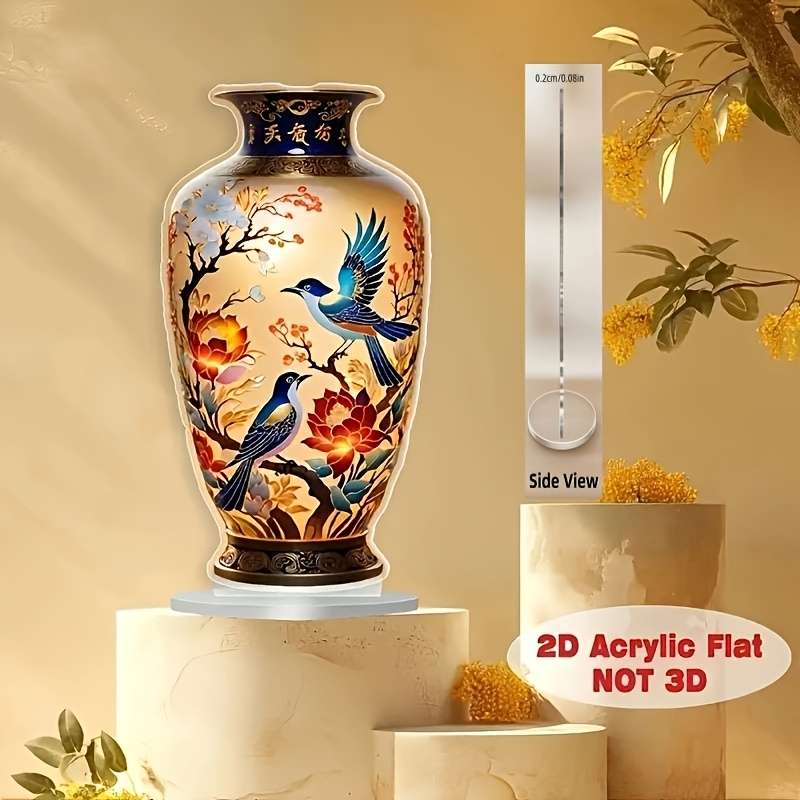 1pc 2D Flat   Painting Elegant Acrylic Material Vase with Colorful Floral and Bird Design