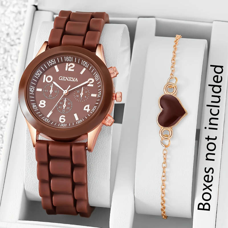 2pcs Fashionable Silicone Quartz Watch Heart Charm Bracelet Set Purple Rose Golden Case with World