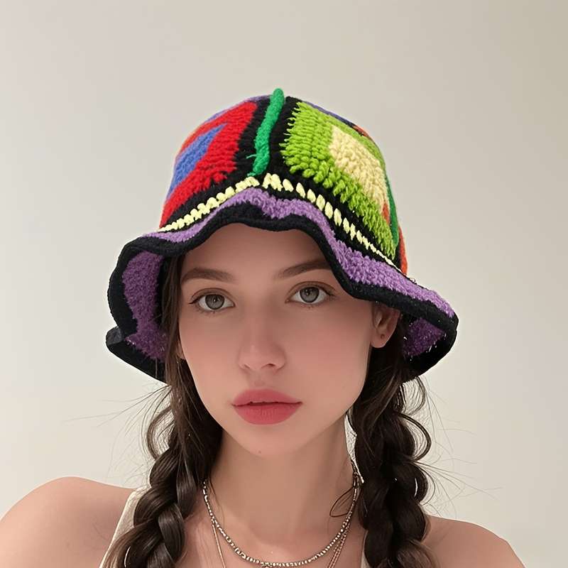 1pc Colorful Handmade Crochet Bucket Hat for Women C Vibrant Striped Knit Fisherman Cap Perfect fo