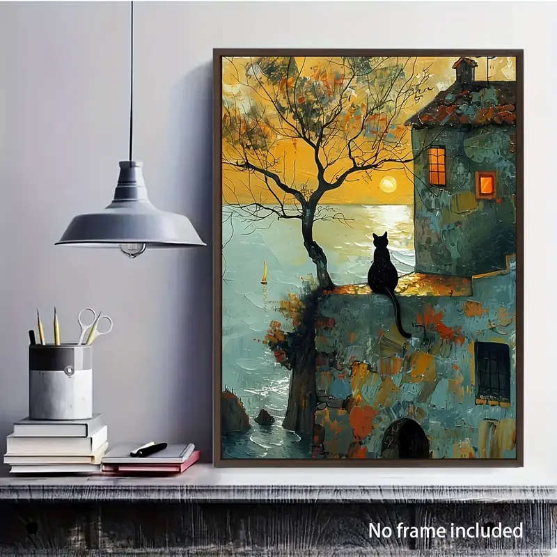 1pc Charming Black Cat Sunrise Canvas Art Painting 12x16 Inch