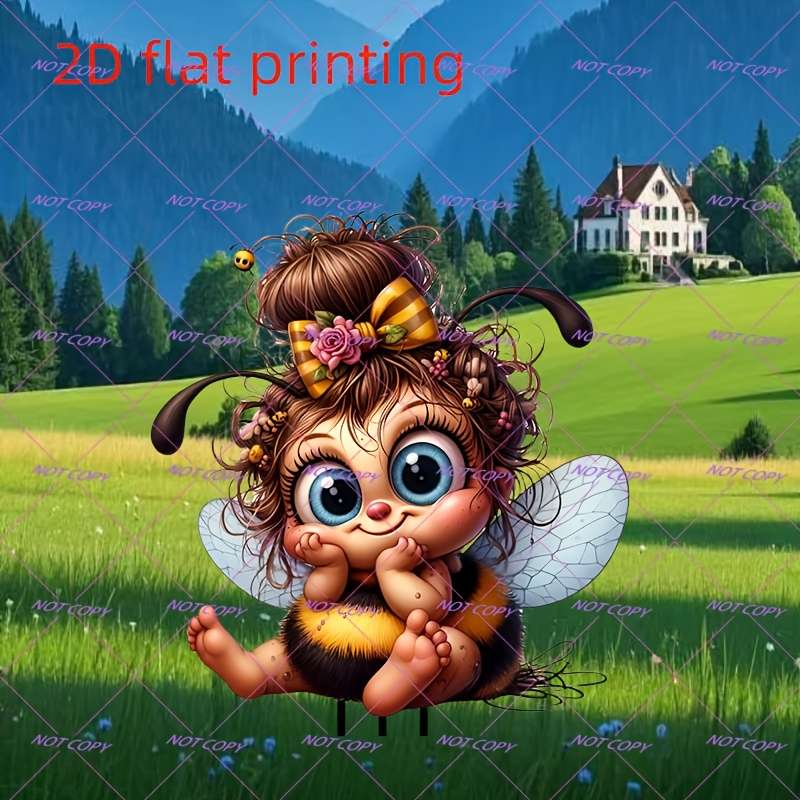 1pc 2D Flat  Whimsical  Printed Bee Garden Stake Adorable Cartoon-Style Bee with Flower Cr