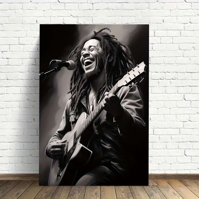 1pc 2D Flat  Frameless Bob Marley Guitar Portrait Canvas Wall Art Monochrome Music Icon Poste