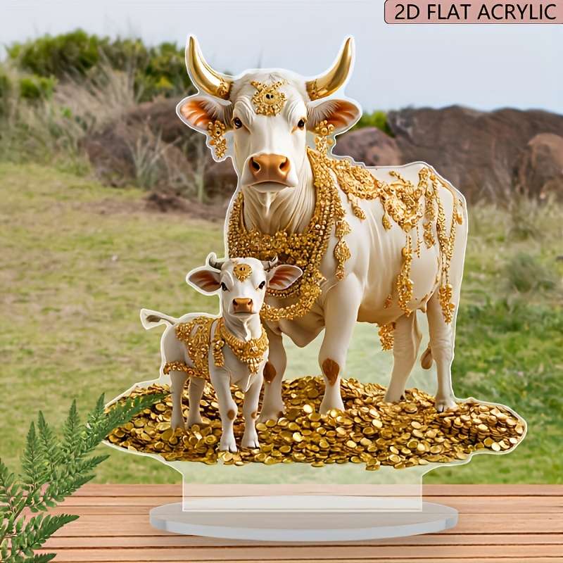 1pc 2D Flat   Boho Style Acrylic Cow Figurine  Animal Theme Tabletop Decor for Home Offi