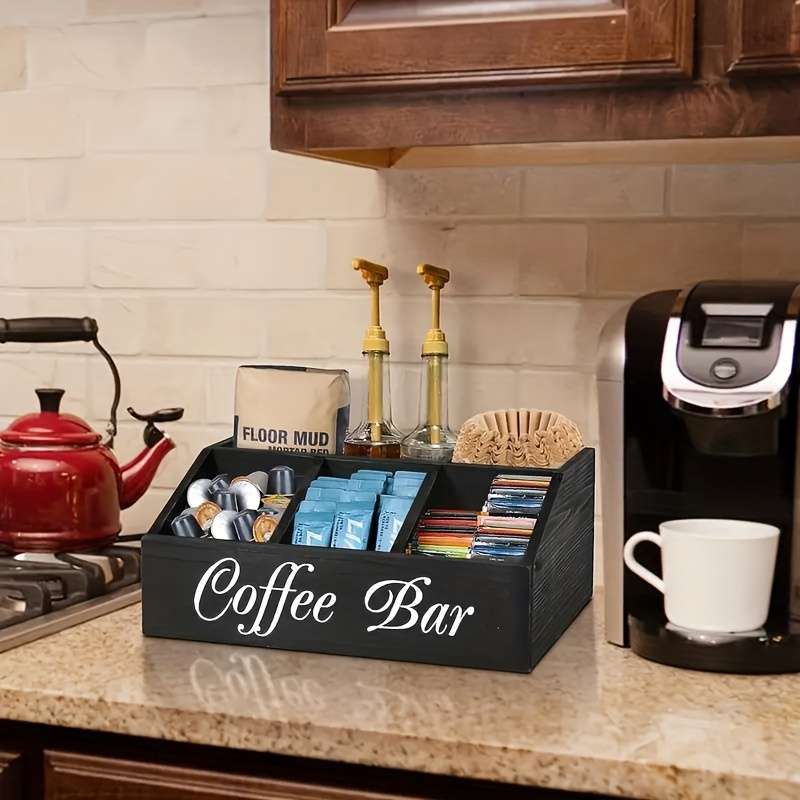 1pc Classic Wooden Coffee Bar Organizer Box Multi-Compartment Storage for Coffee Accessories