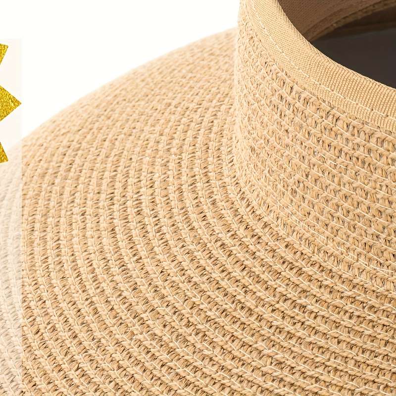 1pc Women'S Wide Brim Straw Sun Visor Hat Packable Foldable Summer Beach Travel Ponytail Hat