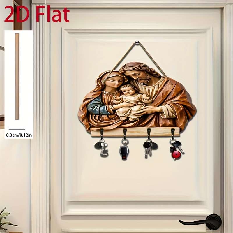 2D Flat 2D Wooden Key Holder with Four Metal HooksVibrant Jesus Mary  Family Carving Ideal for
