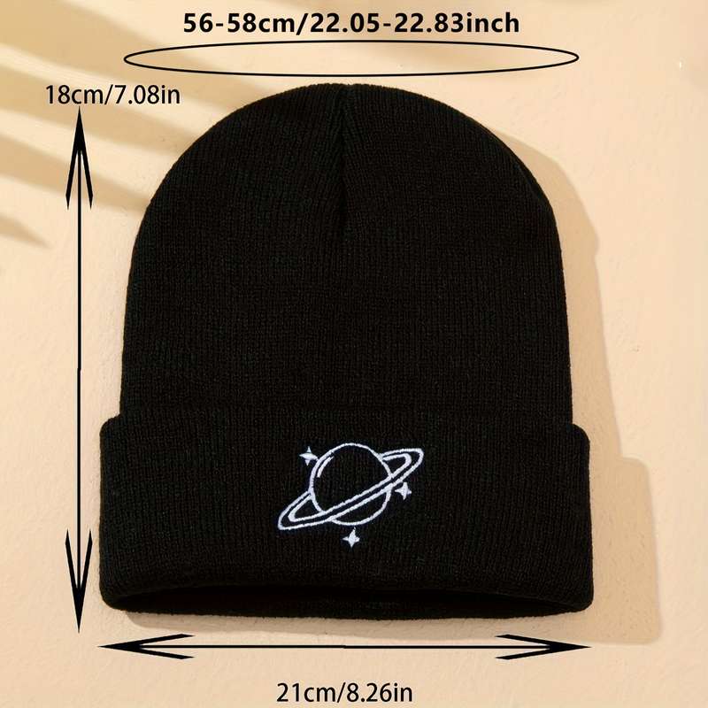 1pc Men's Planet Three Stars Embroidered Knitted Hat without Brim Suitable for Autumn and Winte