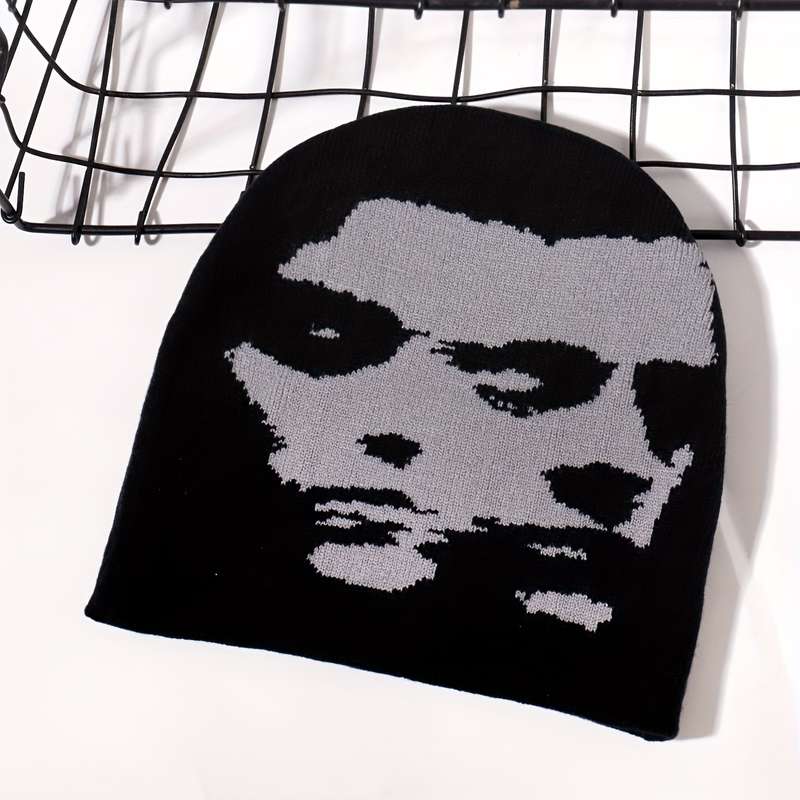 1pc Fashion Knit Beanie with Woman Portrait Design Breathable Warm Stretchy for Outdoor Activi