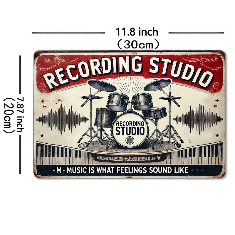 1pc  Vintage Recording Studio Metal Wall Sign 20.32x30.48 cm Retro Drum Set Microphone De