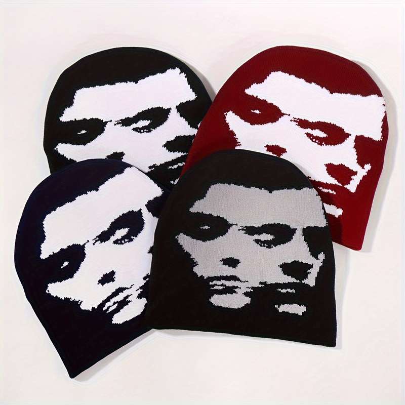 1pc Fashion Knit Beanie with Woman Portrait Design Breathable Warm Stretchy for Outdoor Activi