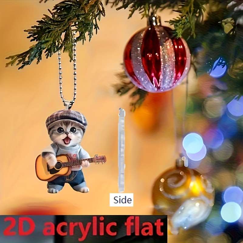 1pc 2D Flat  Charming Acrylic Guitar Cat Car Mirror Charm Decorative Art Pendant for Home Vehicl