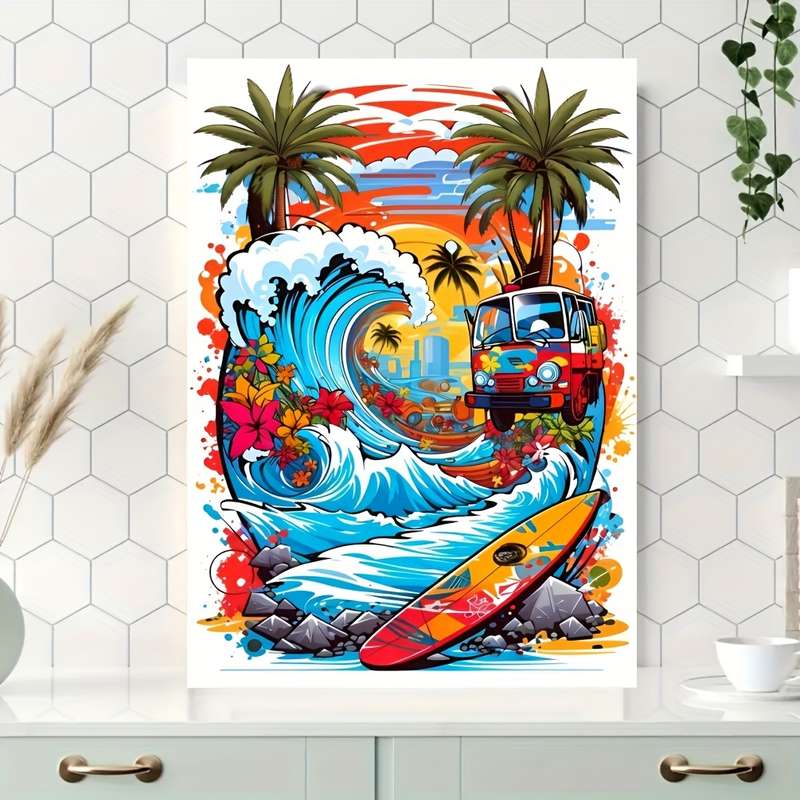 1000pcs Surfboard Jigsaw Puzzle Vibrant Beach Scene with Palm Trees Surfboards R