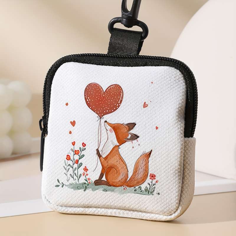 1pc Fox with Heart Balloon Print Large Capacity Coin Purse Polyester Multifunctional Key Card