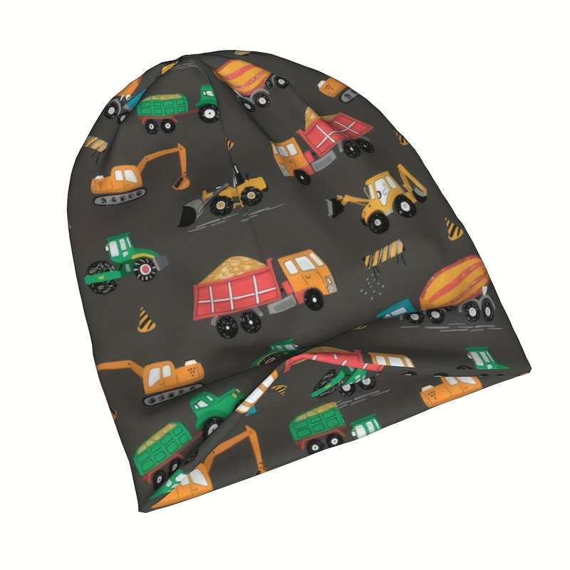 1pc Cute Cartoon Construction Vehicles Knit Cap for Men Elastic Bandeau Hat Lightweight Polyester