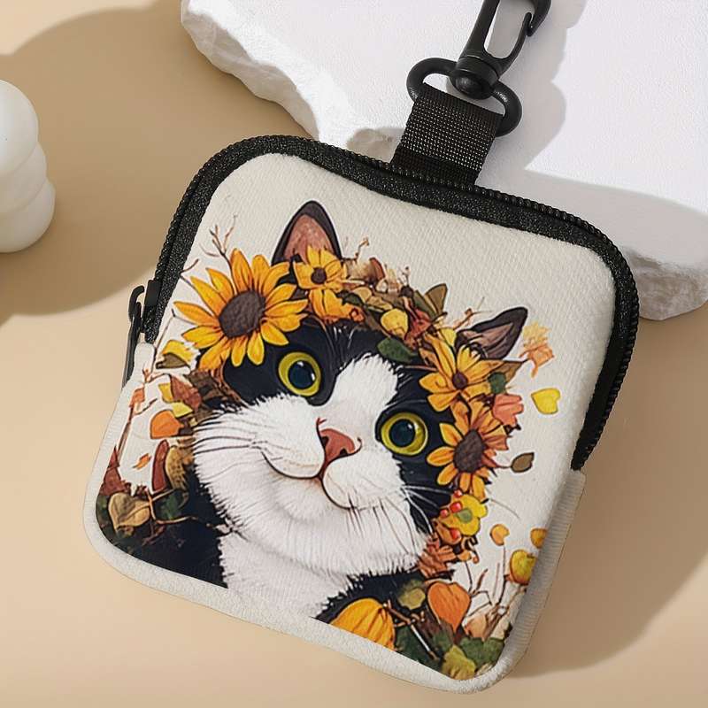 1pc Adorable Cat Sunflower Pattern Large Capacity Coin Purse Multi-Function Zippered Wallet