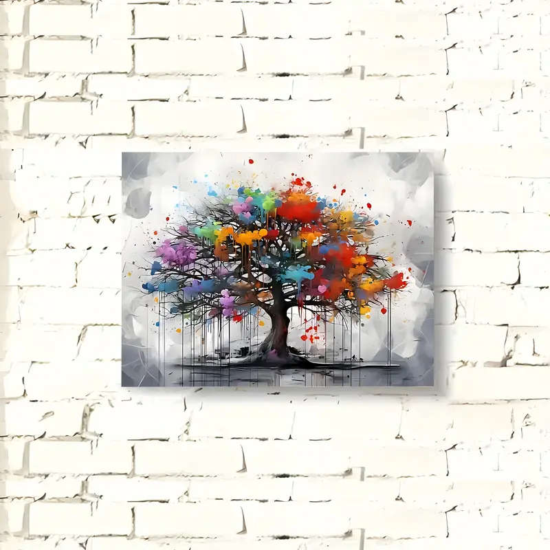 1pc Room Decor Colorful Tree of Life Canvas Wall Art Wooden Framed Vibrant Abstract Print Bachelor P