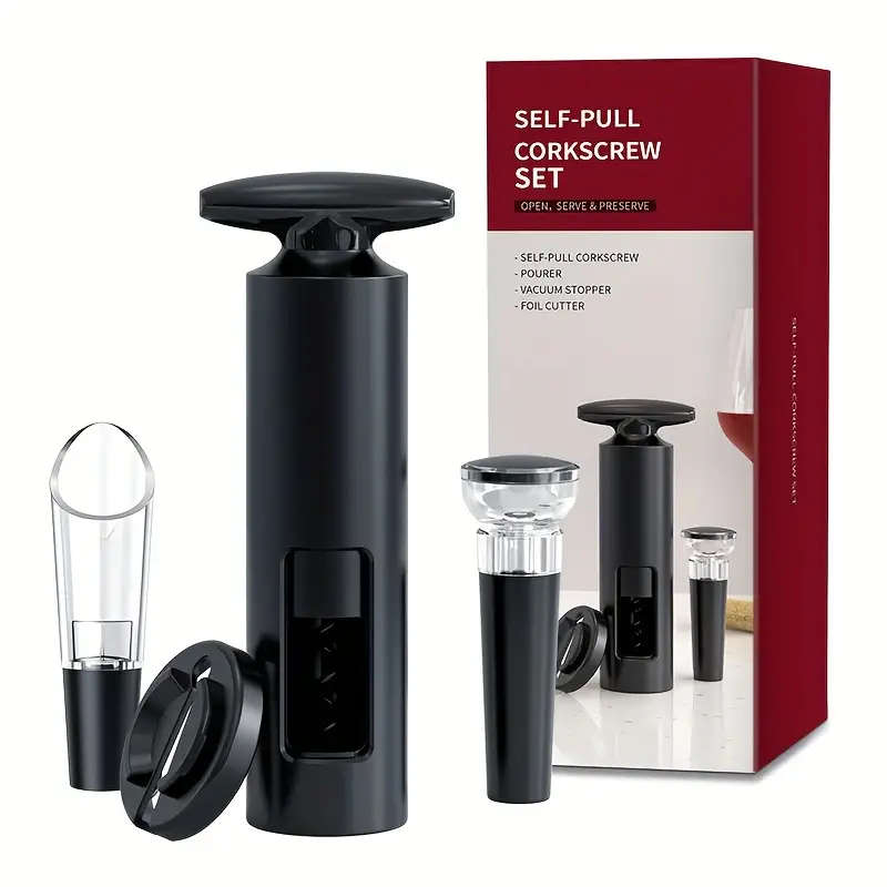 Self-Pull Pump Wine Opener Set with Wine Stopper Pourer and Foil Cutter Plastic Handy Bar Party Acce