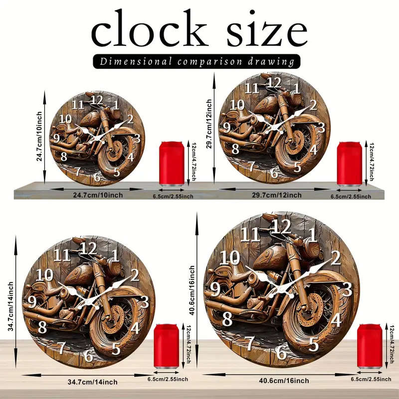 1pc Vintage Motorcycle Wooden Wall Clock Silent Japanese Quartz Movement Round Battery-Operated Wood