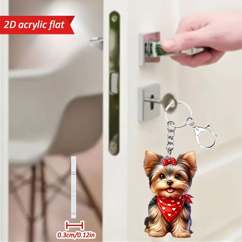 1pc 2D Flat   Cute Yorkshire Terrier Pattern Keychain Novel Acrylic Design Key Chain Decoration