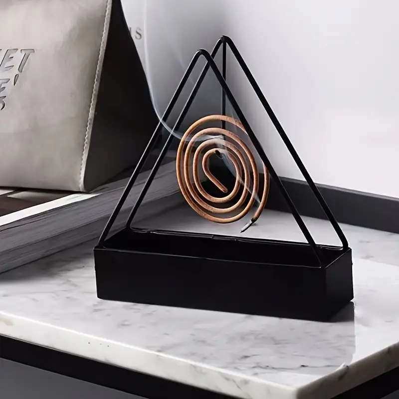 1pc Sleek Triangle Iron Mosquito Coil Holder with Plastic Tray Versatile Indoor Outdoor Incense Burn