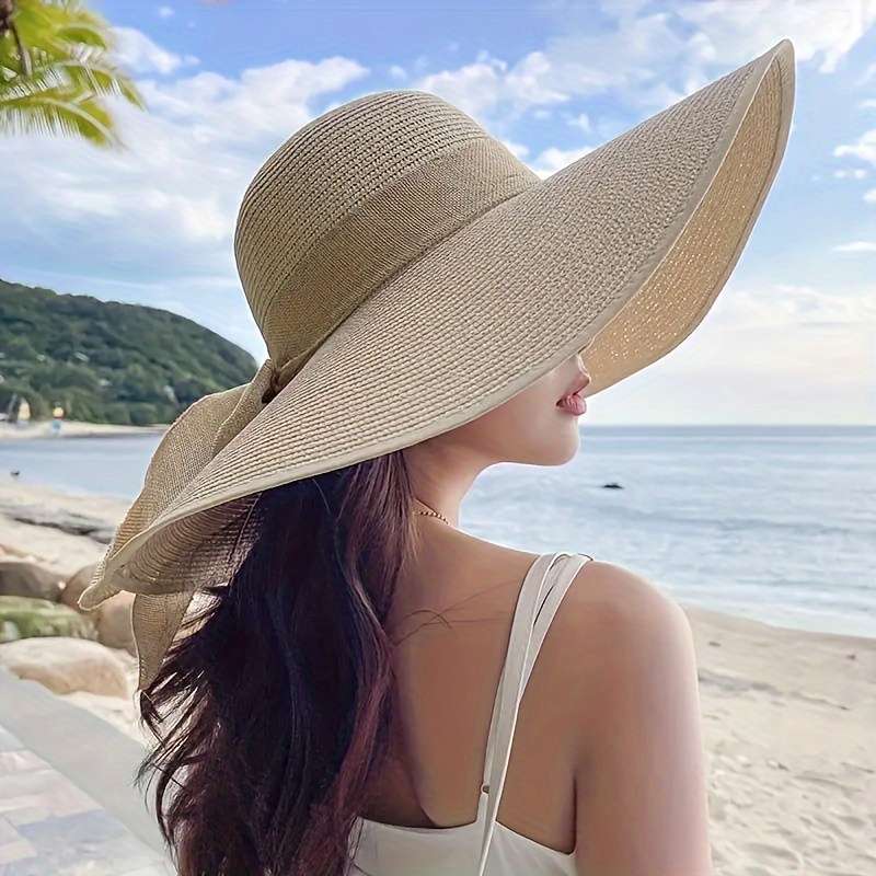 1pc Women's Extra Large Brim Summer Hat Foldable Anti-UV Protection Beach Hat With Ribbon Bow