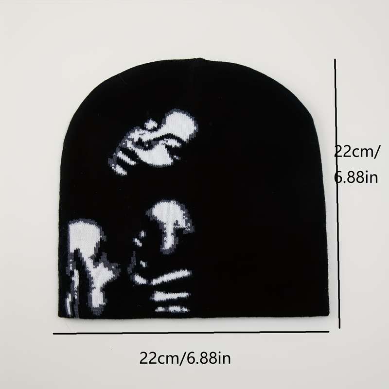 1pc Chic Skull Beanie Black White Jacquard Stretchy Elastic Knit for Women Perfect Casual We