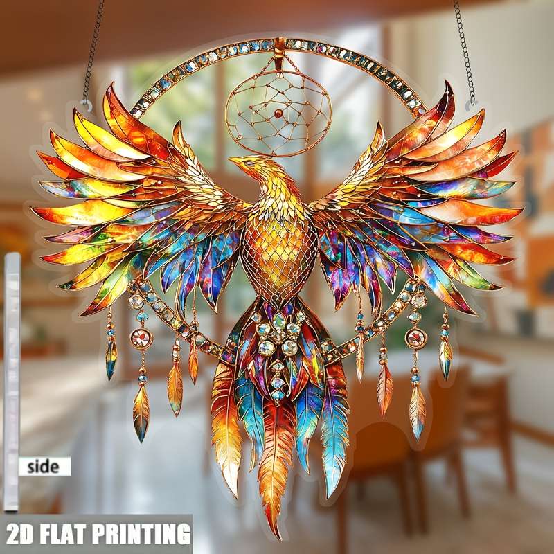 1pc 2D Flat   Painted Fire Phoenix Dreamcatcher Window Hanging Light Catcher a  acry