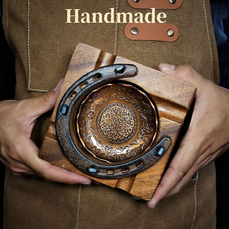 1pc Lucky Horseshoe Wooden Cigar Ashtray with Intricate Carved Floral Design Rustic Cowboy De