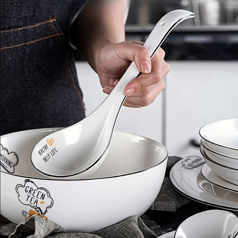 2pcs Ceramic Soup Spoons with Long Handle Large Capacity Ergonomic Design for Kitchen Dinin