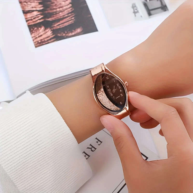 5pcs Set Elegant Women'S Quartz Watch and Jewelry Set Unique Flowing Sand Design Alloy Case