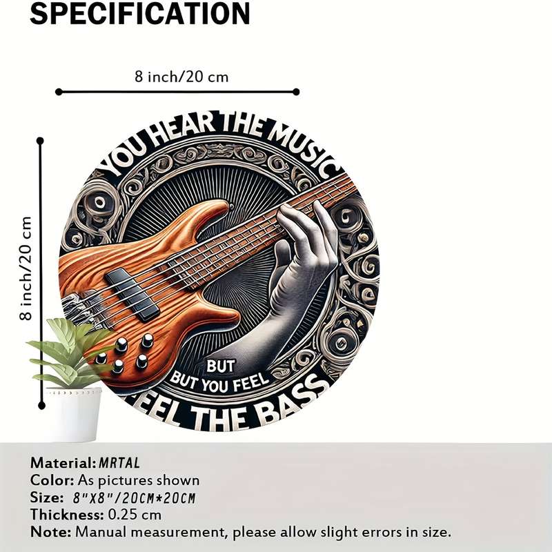 1pc  Electric Bass Guitar Metal Sign 8-inch Round Vintage-Inspired Wall Art You Hear the Mus