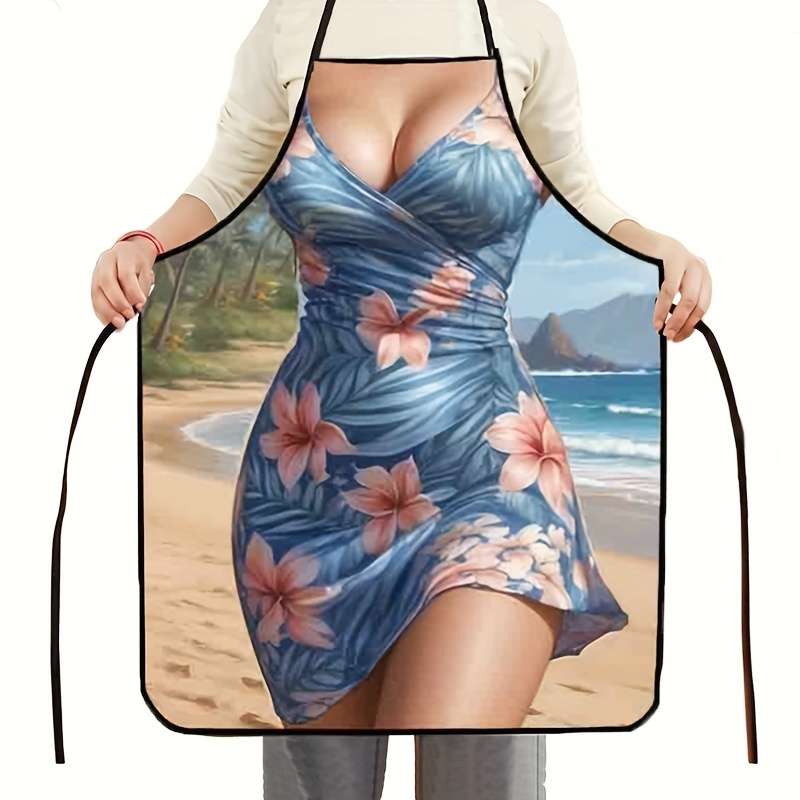 1pc Stylish Tropical Floral Apron Vibrant Blue Pink Flower Design Polyester Woven Fabric