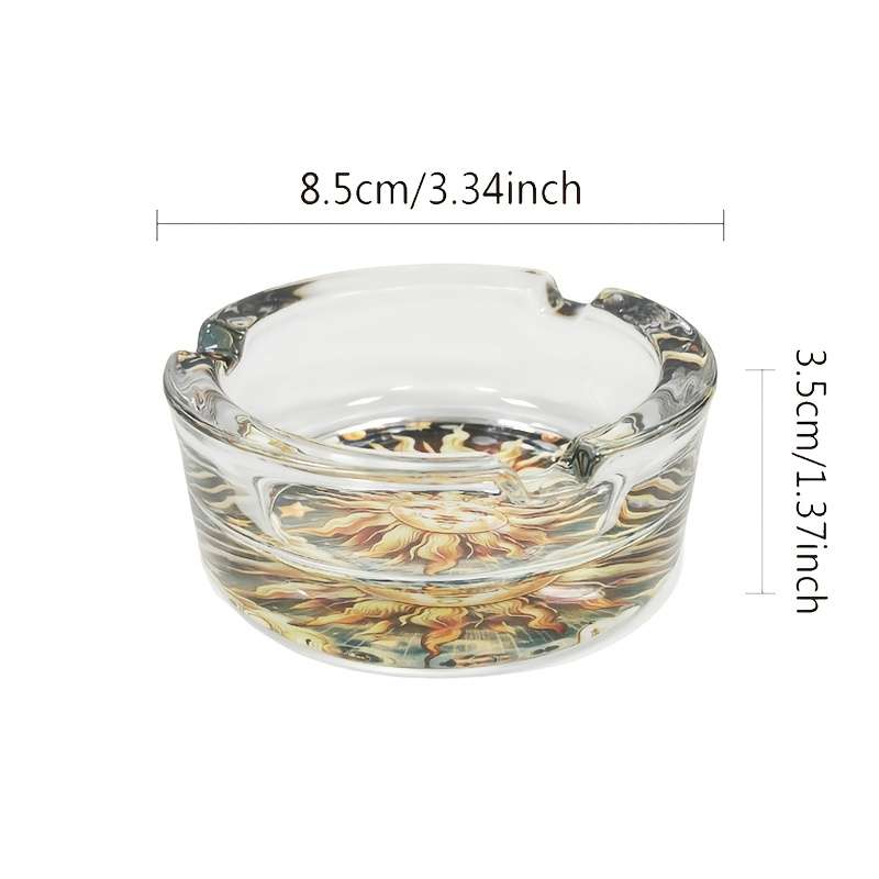 1pc Elegant Sun Moon Design Glass Ashtray Round Stained Glass Artwork with Golden Sun Tranqu