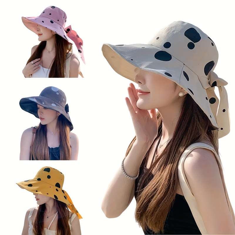 1pc Stylish Polka Dot Summer Sun Hat Wide Brim UV Protection Bucket Hat for Women Yellow wit
