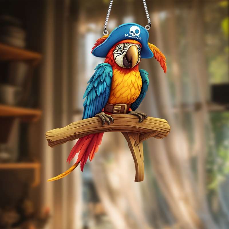 1pc 2D Flat  Bohemian  Pirate Parrot Hanging Decor Colorful Acrylic Bird Ornament with Wooden P