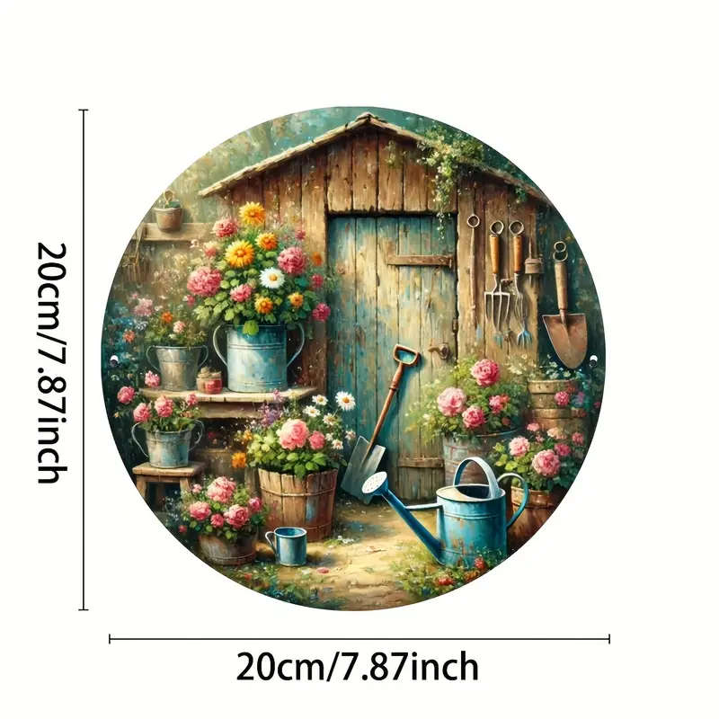 1pc Vintage Floral Garden Shed Round Metal Sign Aluminum Foil Engraving Wall Decor for Cafe Garage F