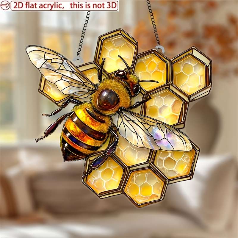 1pc 2D Flat  Acrylic Vibrant Bee Sun Catcher 8"x7.6" Honeycomb Garden Decoration Perfect Gift fo