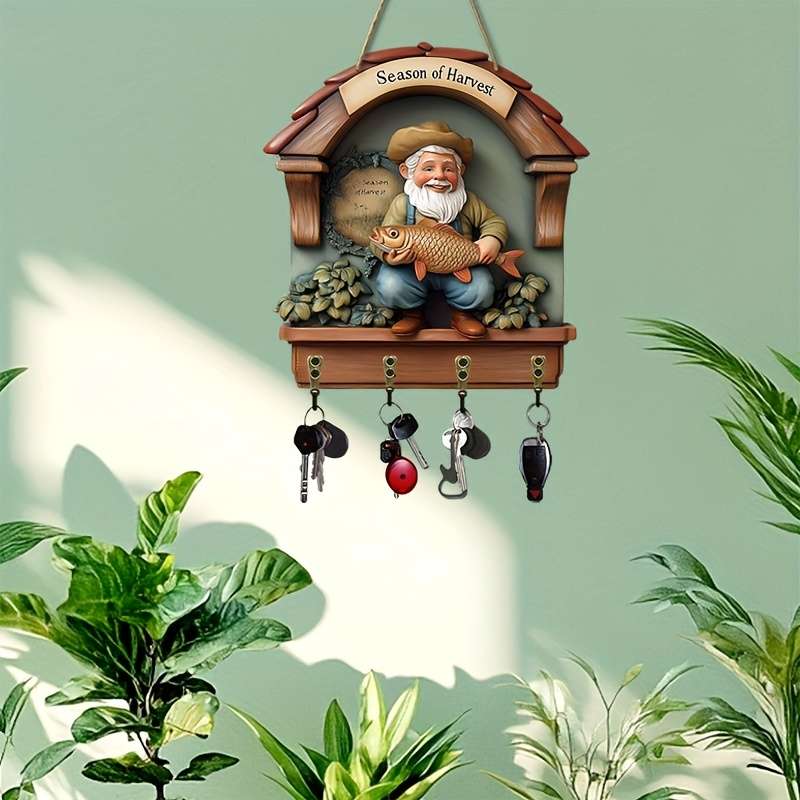 2D Flat 1pc Old Fisherman Holding Big Fish Simple Colorful Wooden Key Hanger for Home with Four M