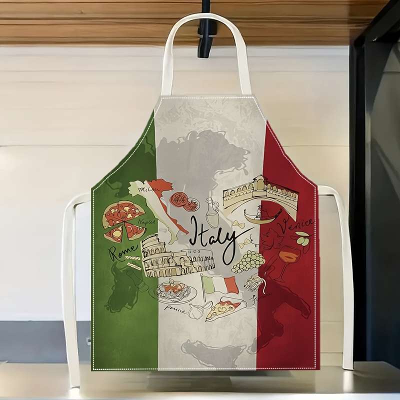 1pc Italian-Themed Pizza Kitchen Apron Creative Fun Printed Home Cleaning Apron Easy-Clean Co