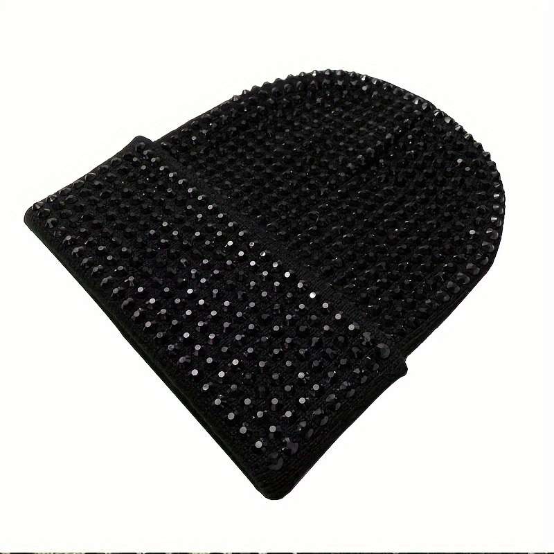 1pc Women'S Black Acrylic Beanie with Sparkling Rhinestones Stylish Double-Layer Knit Hat for Fal
