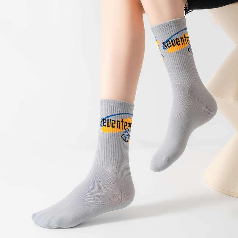 4 Pairs Of White Socks With Colorful Letters One Size High Elastic Socks